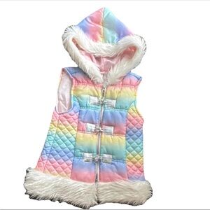 Little Lass Girls Size 6 Quilted Sparkle Rainbow  Vest with Faux Fur Trim